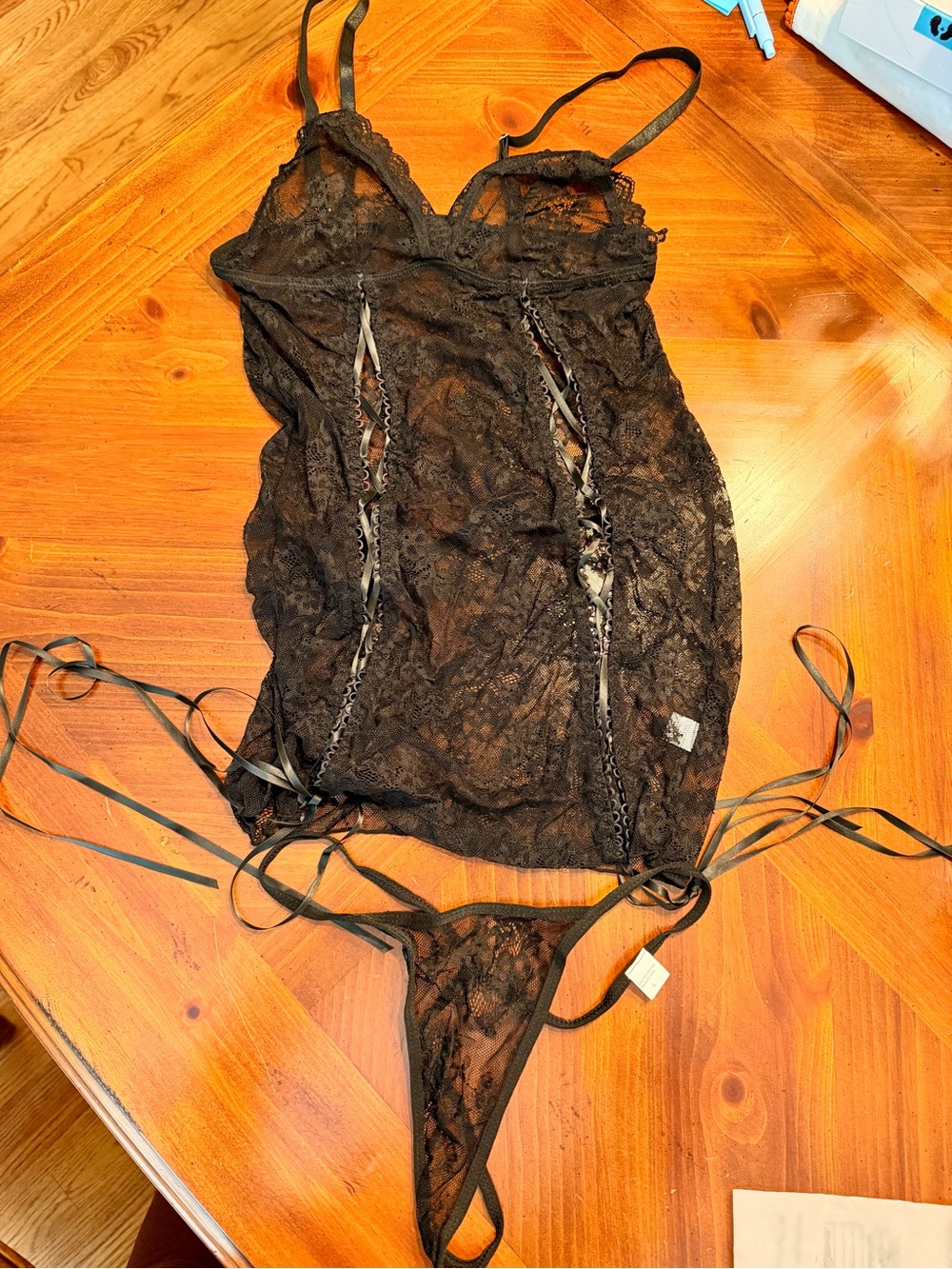 Sheer Black Lace Chemise with Matching Thong - Women's Intimate Sleepwear